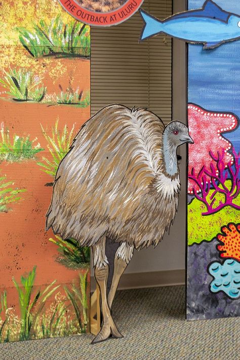 Who doesn't want to see an emu at Zoomerang VBS? Zoomerang Vbs Decor, Australian Vbs Decorations, Australia Vbs Decorations, Outback Vbs Decorations, Australian Outback Vbs Decorations, Outback Rock Vbs Decorations, Zoomerang Vbs, Childrens Ministry Decor, Vacation Bible School Craft