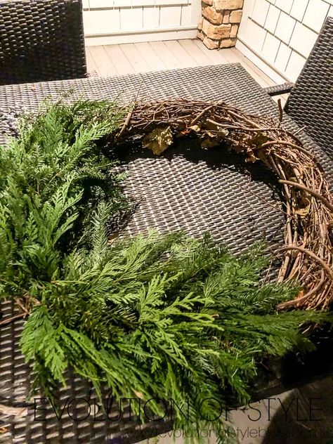 Mixed Greens Wreath, Grapevine Evergreen Wreath, How To Make A Wreath With Pine Branches, Cedar Wreath Christmas, How To Make A Cedar Wreath, Winter Greenery Wreath, Juniper Wreath Diy, Greenery Christmas Wreaths, Christmas Wreaths To Make Step By Step