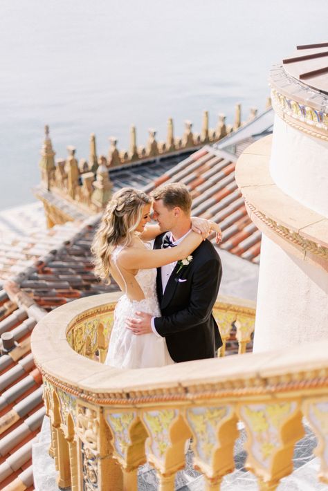 Florida Bride and Groom Intimate Embrace at The Ringling Museum Waterfront Belvedere Tower at the Ca’ d’Zan | Sarasota Wedding Planner NK Weddings Ringling Museum Sarasota Weddings, Ringling Wedding, Ringling Museum Wedding, Museum Photoshoot, Ringling Museum, Courtyard Wedding, Sarasota Wedding, Future Planning, Marsala Wedding