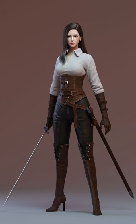 Swordgirl in leathery attire Broadsword Pose Ref, Huntress Outfit Modern, Archer Outfit Female, Fantasy Training Outfit, Women Warrior Outfits, Fantasy Warrior Outfit, Battle Outfits Women, Female Warrior Outfit, Warrior Outfit