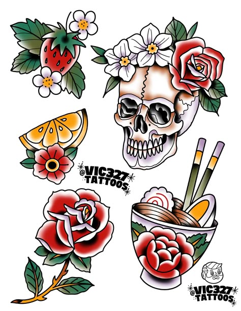 Colour Flash Tattoo, Old School Tattoo Stencils, Neo Trad Tattoo Design, Neo Traditional Tattoo Art, American Traditional Flash Sheet, Tattoo Designs Traditional, Bushido Tattoo, Black Flash Tattoos, Rockabilly Tattoos