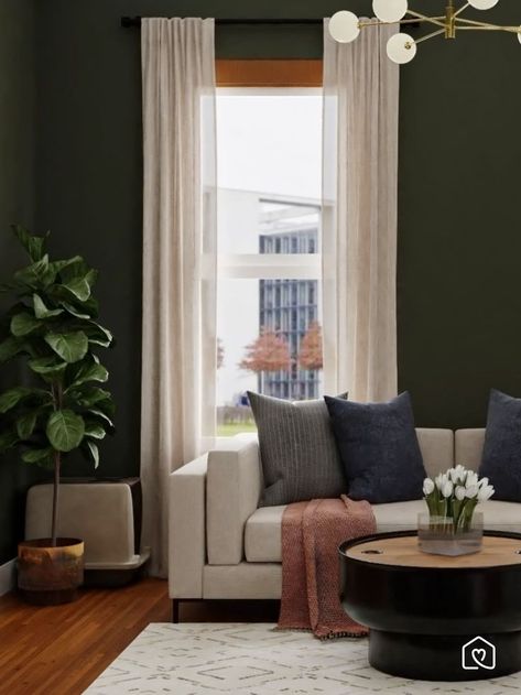 Cream Couch Green Walls, Dark Green Wall Paint, Forest Green Walls, Green Wall Paint, Fiddle Leaf Plant, Living Room Design Green, Drum Storage, Green Walls Living Room, Dark Green Living Room