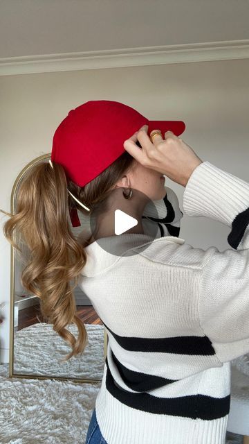 Dress With Baseball Hat, Ball Hat Hairstyles, Boat Hair Hairstyles, Tied Up Hairstyles, Baseball Hat Hairstyles, Girl Baseball Cap, Gym Hairstyles, Hair Wear, Half Up Hair