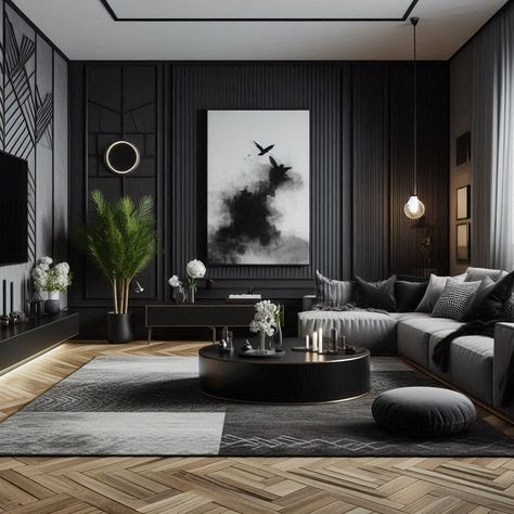 Black and Grey Living Room Sleek Black Accent Wall Black Walls In House, Black Grey Living Room Ideas, Grey Walls With Black Accent Wall, Black Lounge Styling, Black Theme House, Black Wall Aesthetic, Black And Grey Interior Design, Dark Wall Design, Living Room With Black Accent Wall