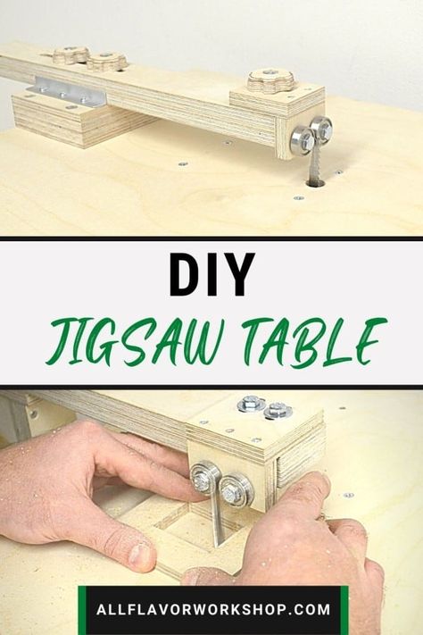 Are you looking for an alternative to scroll saw or band saw? If you have a jigsaw, you can easily turn it into a jigsaw table. A jigsaw table saw will let you make more precise and delicate cuts. A jigsaw table is primarily used when you need to make neat and precise cuts. Mounting and attaching a jigsaw to a table can easily turn your jigsaw into a precision jigsaw table. To get the best result use the right jigsaw blade. Make a jigsaw table with this step-by-step guide #woodworkingjigs #diy Jig Saw Table Diy, Home Made Table Saw, Table Saw Station, Jigsaw Table, Jigsaw Projects, Picture Frame Table, Portable Table Saw, Table Saw Fence, Table Saw Stand