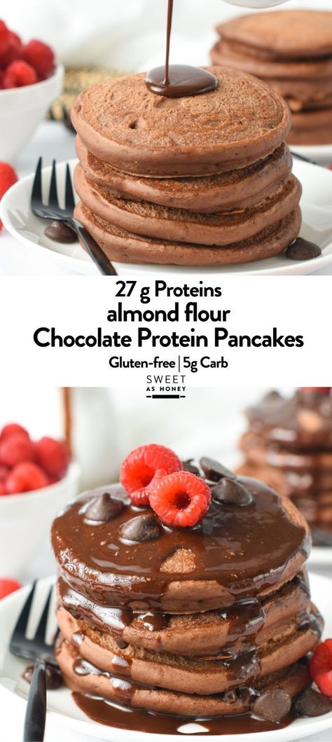 These Chocolate Protein Pancakes with chocolate syrup are the most delicious high-protein breakfast packed with 27 grams of proteins. These are quick and easy low-carb pancakes made without bananas and using only wholesome gluten-free ingredients. High Protein Chocolate Pancakes, High Protein Gluten Free Pancakes, Chocolate Chip Protein Pancakes, High Protein Breakfast Pancakes, Arbonne Protein Pancakes, High Protein Pancakes Low Carb, Protein Snacks Without Protein Powder, High Protein Ingredients, Low Carb High Protein Recipes Breakfast