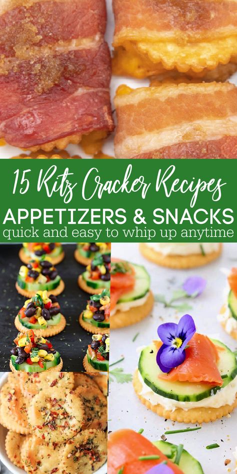 Looking for something quick to throw together before your house guests arrive? These Ritz Cracker recipes make for the PERFECT appetizers! They're also great as a quick, tasty snack! Tea Party Cheese And Crackers, Snacks With Club Crackers, Healthy Ritz Cracker Snacks, Club Cracker Appetizers, Ritz Cracker Party Sandwiches Appetizers, Ritz Crackers Appetizers Appetizer Ideas, Easy Ritz Cracker Snacks, Ritz Cracker Salmon, Cracker Snacks Appetizers