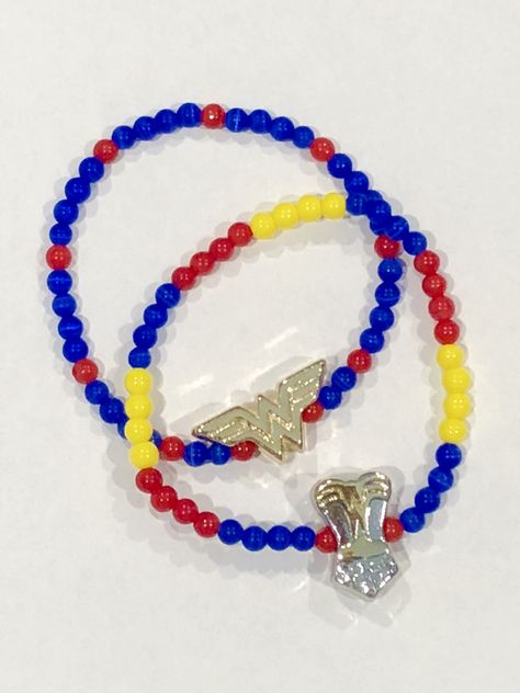 Superhero Bracelet, Wonder Woman Gift Ideas, Wonder Woman Beaded Bracelet, Disney Princess Beaded Bracelet, Wonder Woman Necklace, Pony Beads, 50th Birthday, Stretch Bracelets, Beaded Bracelet