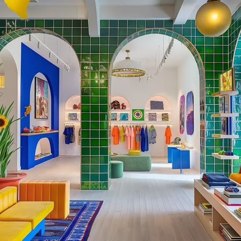 Colour Me In AI: A Glimpse into the Future of Fashion and Retail 💙 Store Color Design, Maximalist Retail Design, Green Store Design, Funky Store Interior, Maximalist Store Design, Cute Store Aesthetic, Designer Store Interior, Collector Room Ideas, Shoe Shop Interior Design