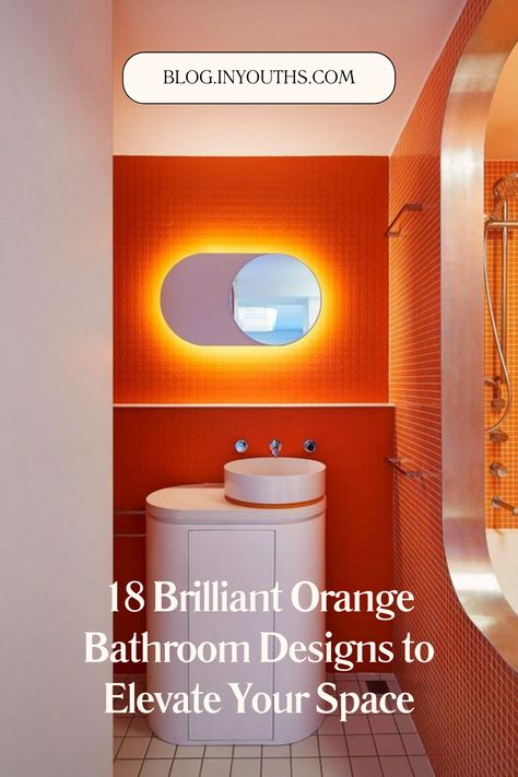 ORANGE BATHROOM Orange Bathroom Ideas, Orange Bathrooms Designs, Orange Bathroom, Orange Bathrooms, Bold Color Schemes, Stylish Bathroom, Bathroom Designs, Led Mirror, Bold Color