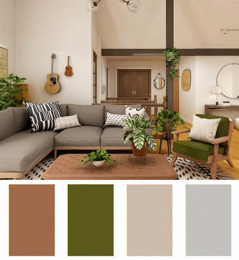 Mint Green And Brown Living Room, Sage Green And Leather Living Room, Small House Colors Interior Living Rooms, Green Living Room Colour Schemes, Green Natural Living Room Ideas, Living Room Green Walls Interior Design, Greens And Browns Palette, Brown And Green Living Room Ideas, Living Room Green And Beige