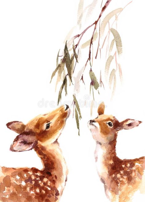 Deers Looking Up Eating Leaves Watercolor Animal Illustration Hand Painted. Hand #Sponsored , #paid, #Affiliate, #Eating, #Watercolor, #Hand, #Leaves Procreate Watercolor, Deer Drawing, Watercolor Paintings Of Animals, Painting Animals, Deer Painting, Leaves Watercolor, Bookmark Craft, Creatures Art, Deer Art