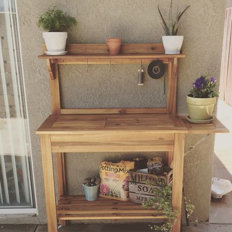 My new potting bench from World Market Bench Diy Plans, Potting Bench With Storage, Rustic Potting Benches, Potting Benches Diy, Garden Potting Bench, Potting Bench Plans, Outdoor Potting Bench, Bench Outdoor, Bench Diy