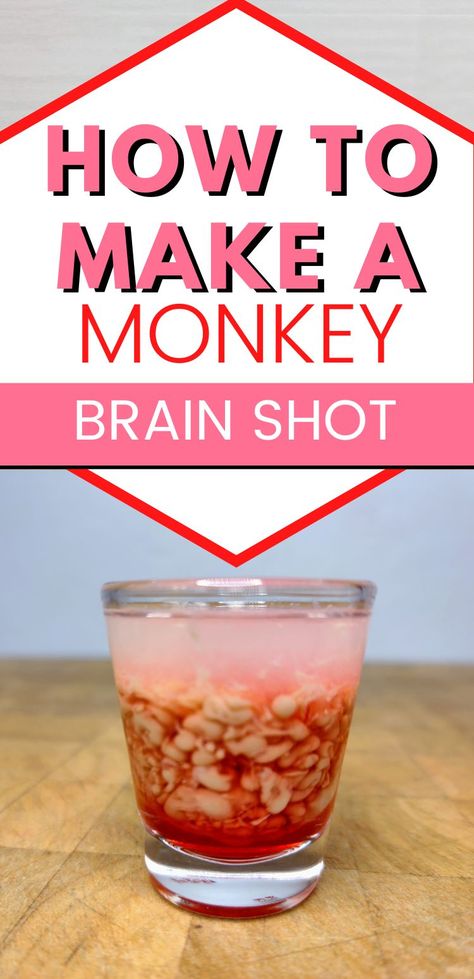 This spooky monkey brain shot is the perfect cocktail to serve up at your next Halloween get together. It is easy to make and will leave your guests thrilled with it's creepy look. Brain Hemmorage Shot Recipe, Brain Shots Recipe, Monkey Brains Recipe, Halloween Get Together, Brain Shot, Easy Halloween Cocktails, Layered Shots, Monkey Brain, Monkey Brains