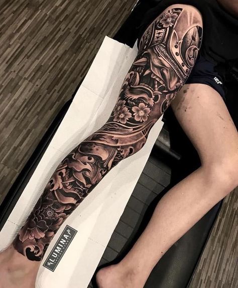 Samurai Tattoo Sleeve, Japanese Leg Tattoo, Best Leg Tattoos, Half Sleeve Tattoos Forearm, Chicano Tattoos Sleeve, Full Leg Tattoos, Artwork Anime, Skull Sleeve Tattoos, Men Tattoos Arm Sleeve