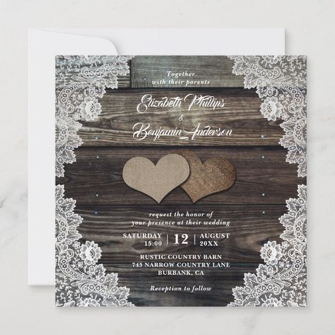 Rustic Country Wood Lace Burlap Hearts Wedding Invitation  Zazzle Rustic Wood Wedding Invitations, Burlap And Lace Wedding, Heart Wedding Invitations, Wood Wedding Invitations, Romantic Rustic Wedding, Wood Invitation, String Lights Wedding, Burlap And Lace, Country Wedding Invitations