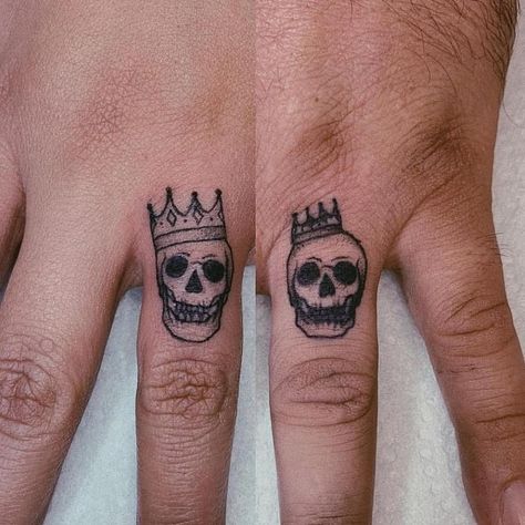 #Tattoos,King And Queen Skull Tattoos On Fingers Skull Finger Tattoos, Skull Couple Tattoo, Infinity Tattoos For Couples, Chess Piece Tattoo, Infinity Couple Tattoos, Tattoos For Couples, Trending Tattoos, Queen Tattoo, Pieces Tattoo