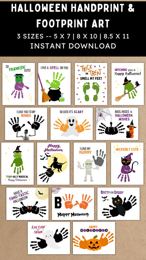 Create sweet memories with your childs handprint and footprint this Halloween! This printable set of 16 Halloween-themed handprint and footprint craft templates are fun activities and memorable keepsakes! With multiple sizes available, templates can fit handprints and footprints from babies, toddlers, preschoolers, and even older children. #halloweenhandprint #halloweenfootprint #halloweencraft #halloweendaycare #halloweenactivity #halloweenbabyart #diyhalloweencraft Hocus Pocus Footprint Art, Halloween Feet Print Crafts, Footprint Halloween Crafts, Halloween Footprint Crafts, Halloween Handprints, Halloween Footprint Art, Handprint And Footprint Crafts, Halloween Handprint Art, Halloween Handprint Crafts