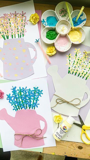 Spring Garden Crafts For Kids, Flower Craft Preschoolers, Watering Can Crafts For Toddlers, Gardening Crafts For Preschoolers, Watering Can Craft Preschool, Easy Mothers Day Crafts For Kids Simple, Plants And Gardening Preschool Crafts, Spring Prek Crafts, Flower Art For Preschool