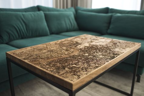 Engraved Wood and Resin Tables Glow With Maps of International Cities | Colossal Glass Waterfall, Resin Tables, Resin Patio Furniture, Epoxy Wood Table, Wood Resin Table, Coffee Table Furniture, Unique Coffee Table, Table Art, Wood And Resin