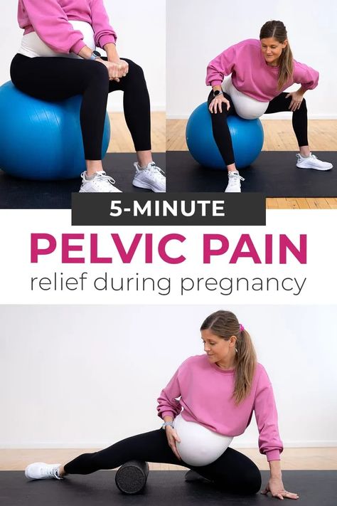 Pelvic girdle pain, symphysis pubis dysfunction (SPD) pain, "lightning crotch" -- whatever you call it, pelvic pain during pregnancy is frustrating! Here you'll find 3 of the best exercises for relieving pelvic pain - designed to activate, stretch AND strip the adductor muscles. You can do these daily for pain relief! Pelvic Pain During Pregnancy, Pregnancy Yoga Ball, Adductor Muscles, Pelvic Pain Relief, Pregnancy Stretches, Pelvic Girdle, Pregnancy Pain, Pregnancy Workouts, Prenatal Workout