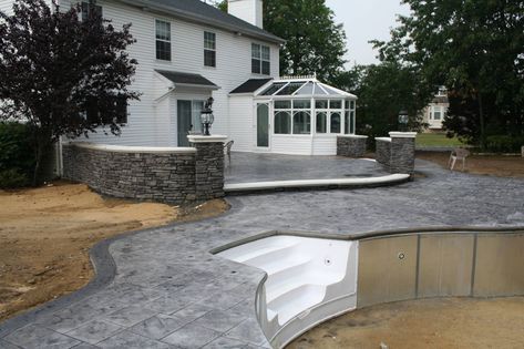 Gray Stamped Concrete Pool Patio ... Gray Pool Deck Concrete, Light Grey Stamped Concrete Patio, French Gray Plaster Pool, Modern Glam Farmhouse, Grey And Black Stamped Concrete, Rectangular Living Rooms, Stamped Concrete Patio, Pool Remodel, Concrete Pool