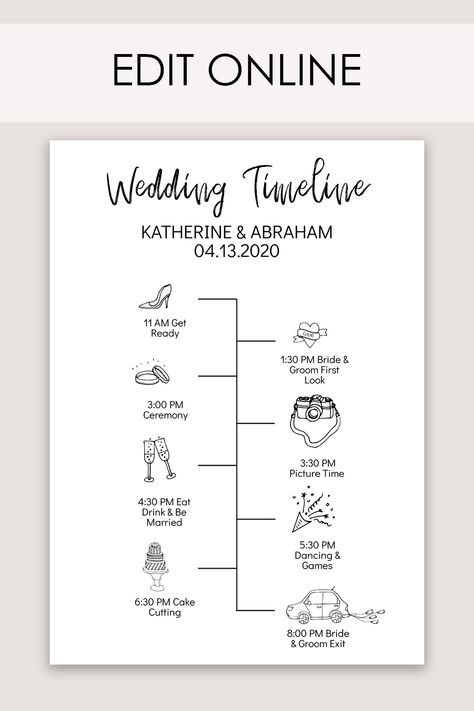 Wedding Day Timeline, Editable Online after purchasing from Etsy using Corjl. Lot's of icons to choose from to represent the different parts of your day; ceremony, reception and more. Wedding Schedule Timeline, Wedding Seating Plan Template, Wedding Stationery Timeline, Wedding Day Timeline Template, Reception Timeline, Wedding Reception Timeline, Wedding Timeline Template, Timeline Template, Wedding Newspaper