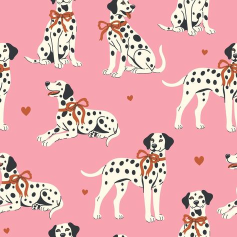 Seamless pattern with Dalmatian dogs with red ribbons on their necks on a pink background. graphics. Dalmatian Dogs, Cityscape Photos, Logo Banners, Heart With Arrow, Background Banner, Red Ribbon, Flower Frame, Dalmatian, Cute Pattern