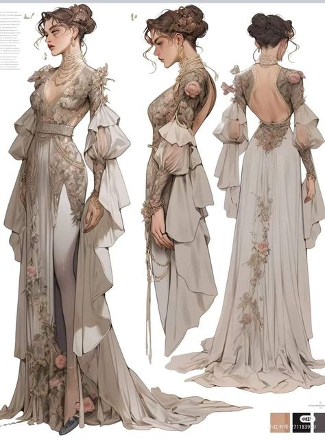 Fantasy Victorian Fashion, Modern Fantasy Outfit, Victorian Aesthetic Outfit, Modern Fantasy Clothing, Dress Back Design, Fantasy Outfits Art, Victorian Dress Drawing, Fae Clothing, Fantasy Clothing Design