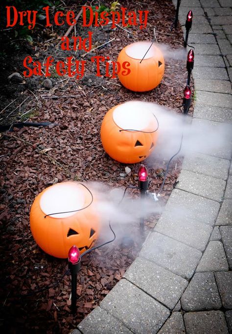 I love having fun with holiday decorations, and there's no better time to do it than at Halloween! I was given the chance to play around with some dry ice for t… Fall Yard Decor, Candy Buckets, Plastic Pumpkins, Dry Ice, Pumpkin Candy, Halloween Displays, Safety Tips, Halloween Candy, Diy Halloween