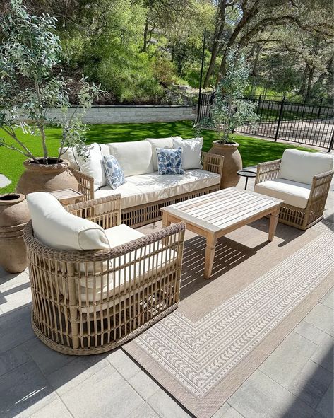 Backyard patio setup featuring the best outdoor furniture! This is so comfortable and has held up incredibly well this past year using the linked covers! And the olive trees are faux from Amazon! Patio Setup, Backyard Patio Furniture, Suzanne Kasler, Backyard Fireplace, American Interior, Best Outdoor Furniture, House Deck, Olive Trees, Backyard Living