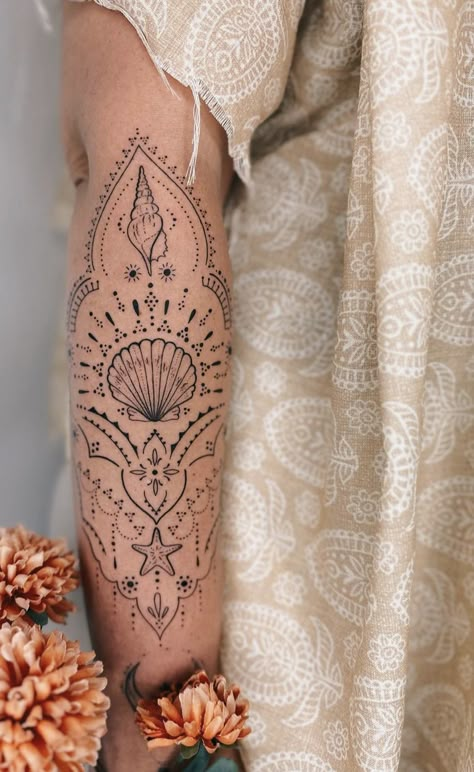 Boho Mermaid Tattoo, Ink Master Tattoos, I Want A Tattoo, Shell Tattoos, Feminine Tattoo Sleeves, Sea Tattoo, Moon Tattoos, Forearm Tattoo Design, Tattoo Leg