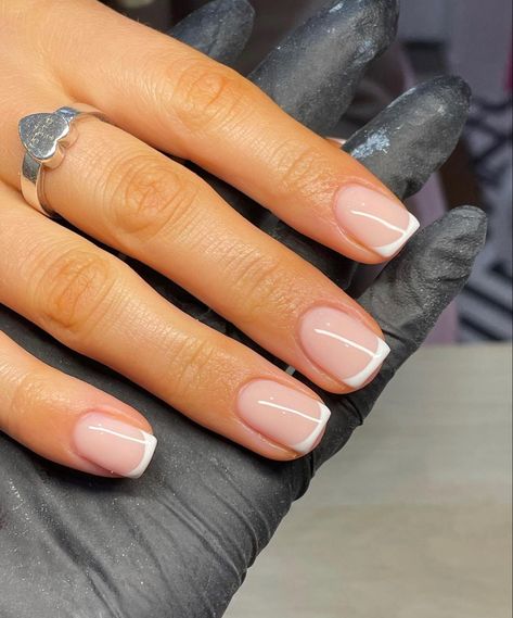 French Tip Gel Nails Squoval, Clean French Tip Nails Square, Builder Gel Nails French Tip, Short Narrow Nails, Nails Acrylic Squoval Short, Short French Tip Polygel Nails, Short French Nails Squoval, Really Natural Nails, Squavol French Tip Nails