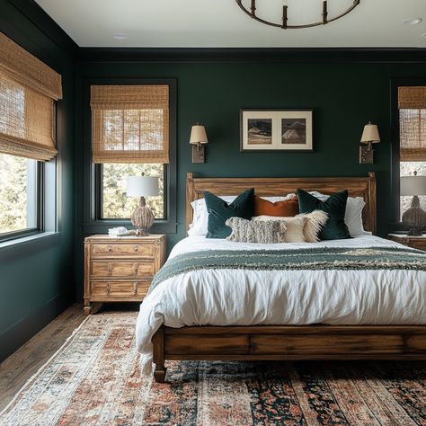 Modern & Moody: 27 Dark Green Bedroom Inspirations Dark Green Bedroom Wooden Furniture, Master Bedrooms Dark Green Wall, Dark Bedroom Wood Furniture, Benjamin Moore Dark Olive Bedroom, Mallard Green Bedroom, Master Bedrooms Dark Green, Dark Green And Brass Bedroom, Gold And Dark Green Bedroom, Green Bedroom Dark Furniture