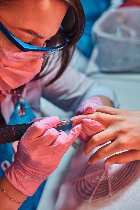 Manicure Process, Nail Master, Closeup Photo, Pink Gloves, Photo Shoot, Hair Wrap, Close Up, Face Mask, Manicure