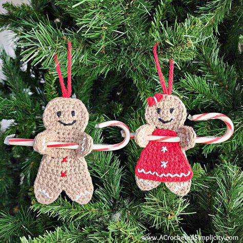 Crochet Gingerbread Man Candy Cane Holders Crochet Gingerbread Man, Candy Cane Holder, Crochet Gingerbread, Gingerbread Man Decorations, Christmas Gift Tags Diy, Crochet Snowman, Crochet Santa, Candy Cane Ornament, Gingerbread Ornaments