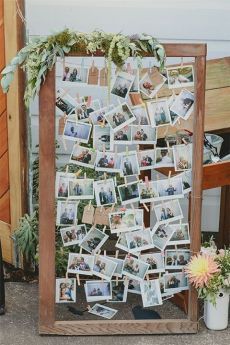 Photo Display Ideas For Wedding, Photo Frame Centerpieces, Photo Centerpieces Diy, Polaroid Display, Polaroid Collage, Unique Bridal Shower Favors, Wedding Photo Walls, Photo Collage Diy, Wedding Photo Display