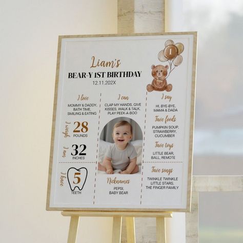 Milestone Memories: Reflective First Birthday Sign Ideas Teddy Bear First Birthday, Baby Footprints Christmas, Baby Handprint Art, Baby Handprint Crafts, First Birthday Milestone, Sign Inspiration, Birthday Milestone Board, First Birthday Posters, Teddy Bear Birthday