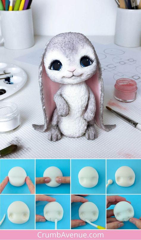 Clay Rabbit Tutorial, Fondant Rabbit Tutorial, Clay Rabbit Diy, Polymer Clay Easter Ideas, Fondant Animals Step By Step, Fuzzy Cake, Polymer Clay Animals Step By Step, Bunny Cake Topper Tutorial, Polymer Clay Rabbit