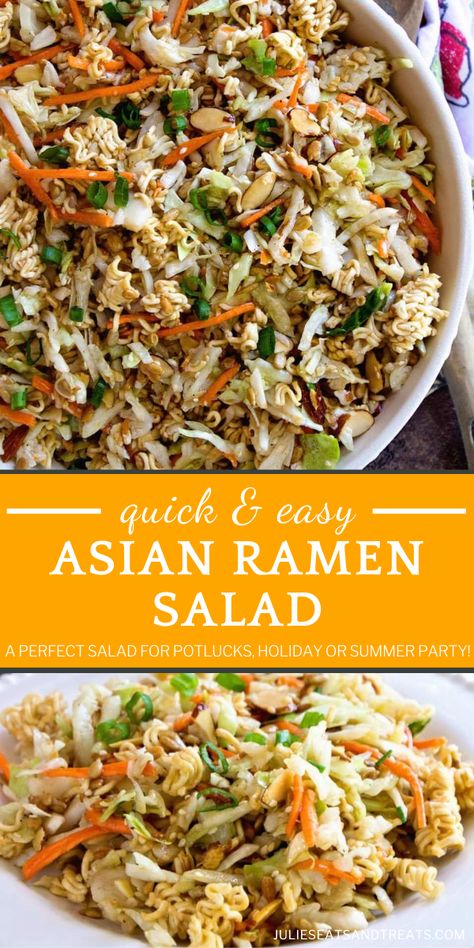 Asian Ramen Salad sweet, savory, with the perfect amount of crunch! Not only is this side dish quick and easy to make, but it is full of flavor from cabbage, carrots, noodles, and a homemade dressing. Check out how you can serve this recipe as a main dish for lunch! Asian Ramen Salad, Salad For A Crowd, Salad Asian, Asian Ramen, Asian Salad Recipe, Easy Summer Salad, Ramen Noodle Salad, Ramen Salad, Easy Ramen