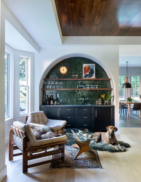 Newton Bohemian - Transitional - Home Bar - Boston - by KI3 Design | Houzz Bar Design In Home, Bar Nook In Living Room, In Home Bar Ideas, Dining Room Niche, Alcove Bar, Bar Area In Home, Small Bar Ideas, Bohemian Bar, Bar Nook