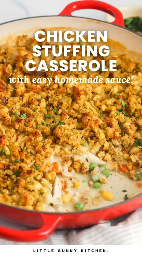 Easy Chicken Stuffing Casserole made without condensed soup is a tasty family favorite dinner recipe, and ready to eat in 45 minutes. Perfect for busy weeknights! Canned Chicken Dinner Ideas, Plain Chicken Recipe, Chicken Stuffing Casserole, Little Sunny Kitchen, Chicken Stuffing, Fresh Corn Salad, Chicken Drumstick, Sunny Kitchen, Comfort Casseroles