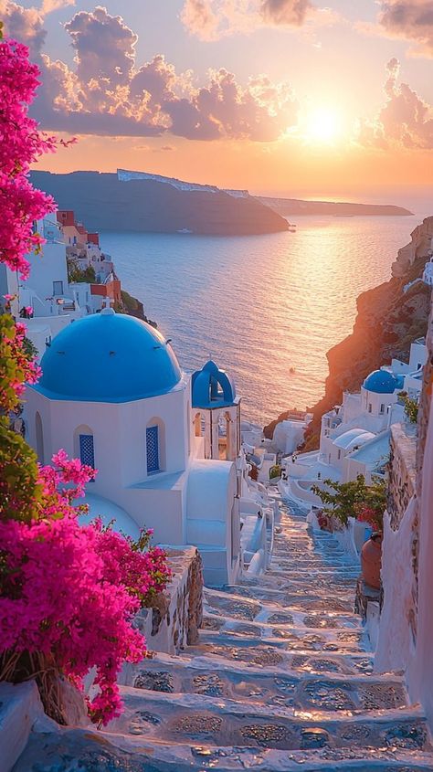 Pretty Honeymoon Places, The Sky And The Sea, Dream Vacations Greece, Santorini Aesthetic Wallpaper, Vision Board Travel Europe, Sunset In Santorini, Greece Travel Photography, Travel Greece Santorini, Greece Aesthetics Santorini