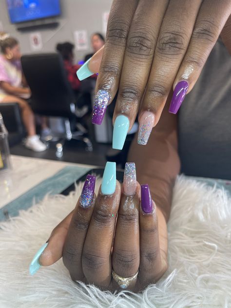 Purple And Turquoise Nails, Purple And Teal Nails, Diamond Pink Nails, Turquoise Nail Designs, Tiffany Blue Nails, Gender Reveal Nails, Teal Nails, Turquoise Nails, Stylish Nails Designs