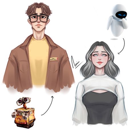 wall e and eve Human Eve Wall-e, Eve And Wall E Drawing, Wall-e As A Human, Wall E As Human, Walle And Eve Fanart, Eve And Wall E Human, Wall E And Eve As Humans, Wall E Fanart Human, Human Wall-e