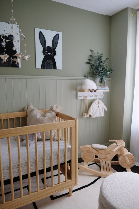 Green Nursery Colors, Minimal Baby Room, Light Green Nursery, Olive Paint, Green Nursery Decor, Modern Vintage Bedrooms, Nursery Inspiration Neutral, Modern Baby Room, Green Baby Room