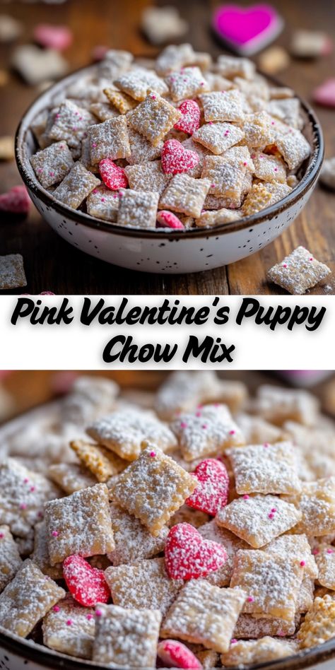 This Pink Valentine’s Puppy Chow Mix is a fun and festive no-bake treat made with Rice Chex, white chocolate, powdered sugar, and strawberry flavor. Perfect for Valentine’s Day parties, gifts, or a sweet snack to share! Puppy Chow Mix, Snack To Share, Rice Chex, Strawberry Flavor, Puppy Chow, Pink Valentines, No Bake Treats, Chow Chow, Sweet Snacks