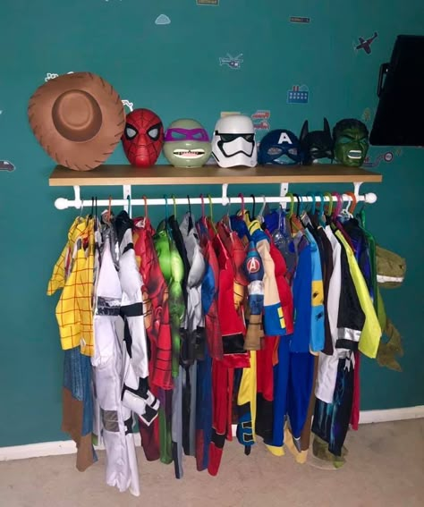 Superhero Toy Storage, Super Hero Costume Storage, Hero Up Costume Wall, Costume Organization Kids, Kids Costume Storage, Basement Toy Room, Kid Room Storage, Home Day Care Ideas, Toddler Bedroom Makeover