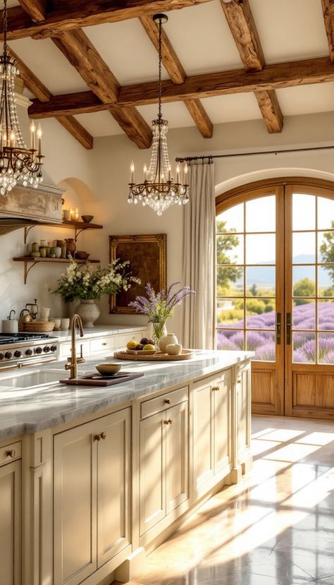 Immerse yourself in the tranquility of the French countryside with this enchanting kitchen design. Featuring a striking marble-topped island, bathed in the warm glow of golden hour light, this space is both functional and breathtakingly beautiful. Large arched French doors invite the lush garden views inside, while vintage chandeliers cast a soft glow over rustic wooden beams. Ideal for those who adore a seamless blend of luxury and rustic charm, creating a perfect Pinterest sensation. Kitchen With Mountain View, French House Kitchen, Countryside House Kitchen, Tan France Kitchen, French Countryside House Interior, French Home Aesthetic, French Country House Kitchen, French Countryside House, Old Money Kitchen