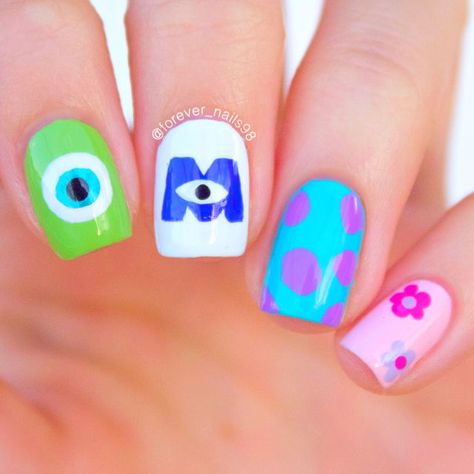 Cute Monsters Inc. Nail Design Monster University Nails, Monster Inc Nails, Disney Nail Art, Disneyland Nails, Disney Monsters Inc, Nails Disney, Luv Nails, Disney Nail Designs, Disney Inspired Nails